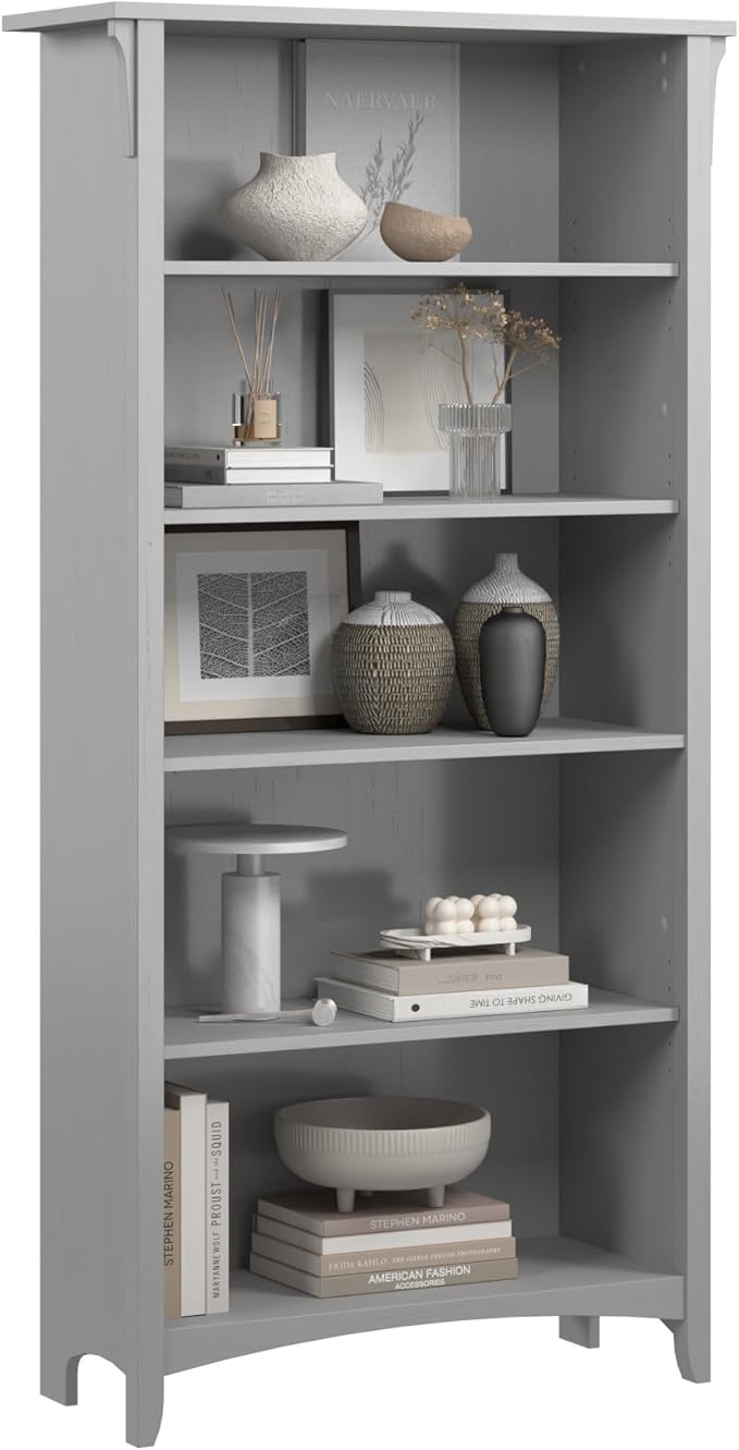 Bush Home Salinas 5 Shelf Bookcase in Cape Cod Gray, Tall Bookshelf, Large Book