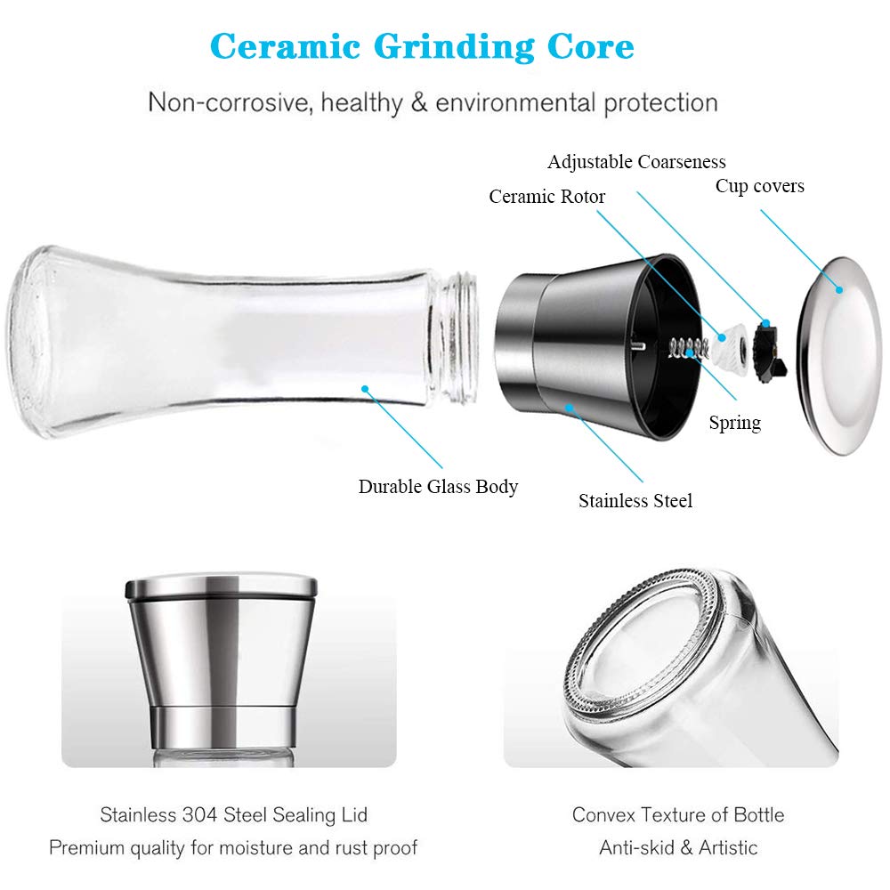 Salt and Pepper Grinder Set, 2-Piece Set, Stainless Steel Material, Adjustable Granularity, Sea Salt Grinder and Pepper Grinder Can Be Refilled, With Stand and Cleaning Brush