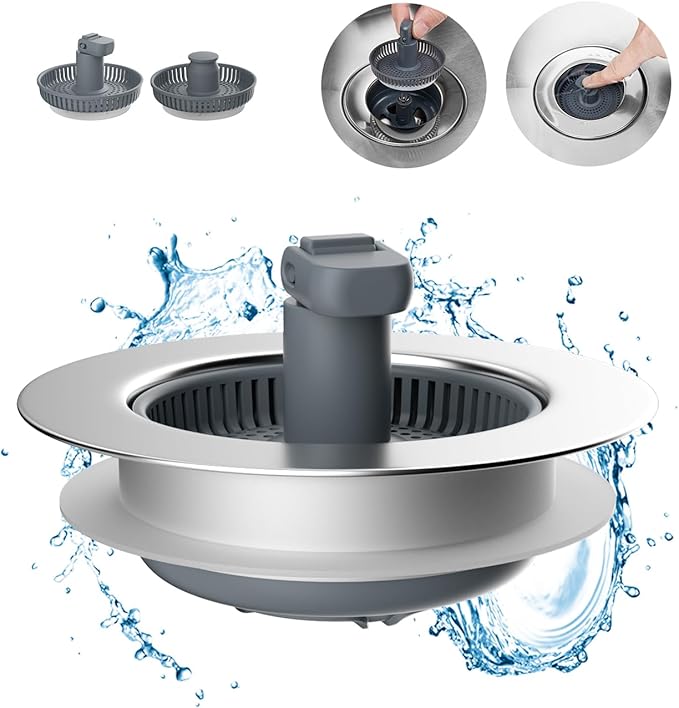 Hibbent 3 in 1 Kitchen Sink Drain Strainer and Stopper Combo, Chrome Stainless