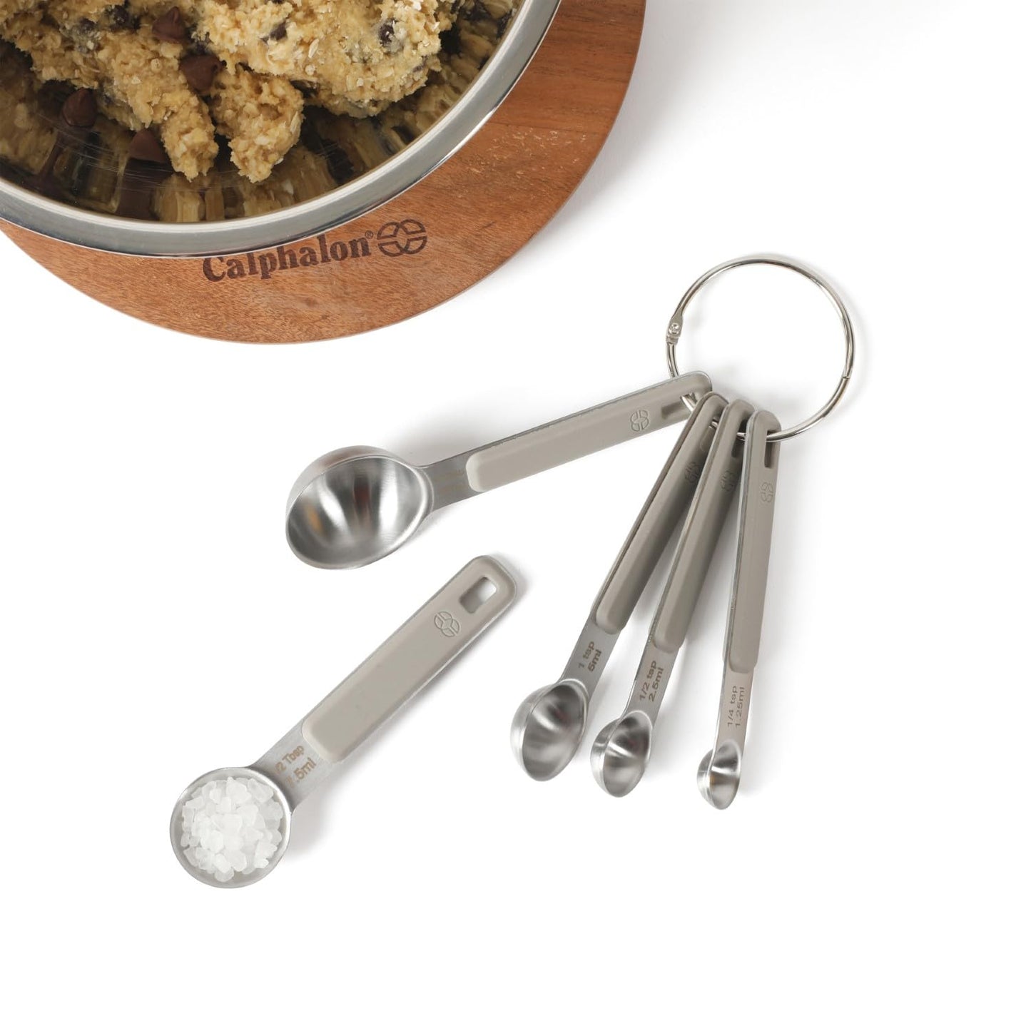 Calphalon Prime Measuring Spoons, 5-Piece Stainless Steel Measuring Spoon Set with Taupe Silicone Handles, Accurate Kitchen Measuring Tools for Spices, Baking & Small Portions