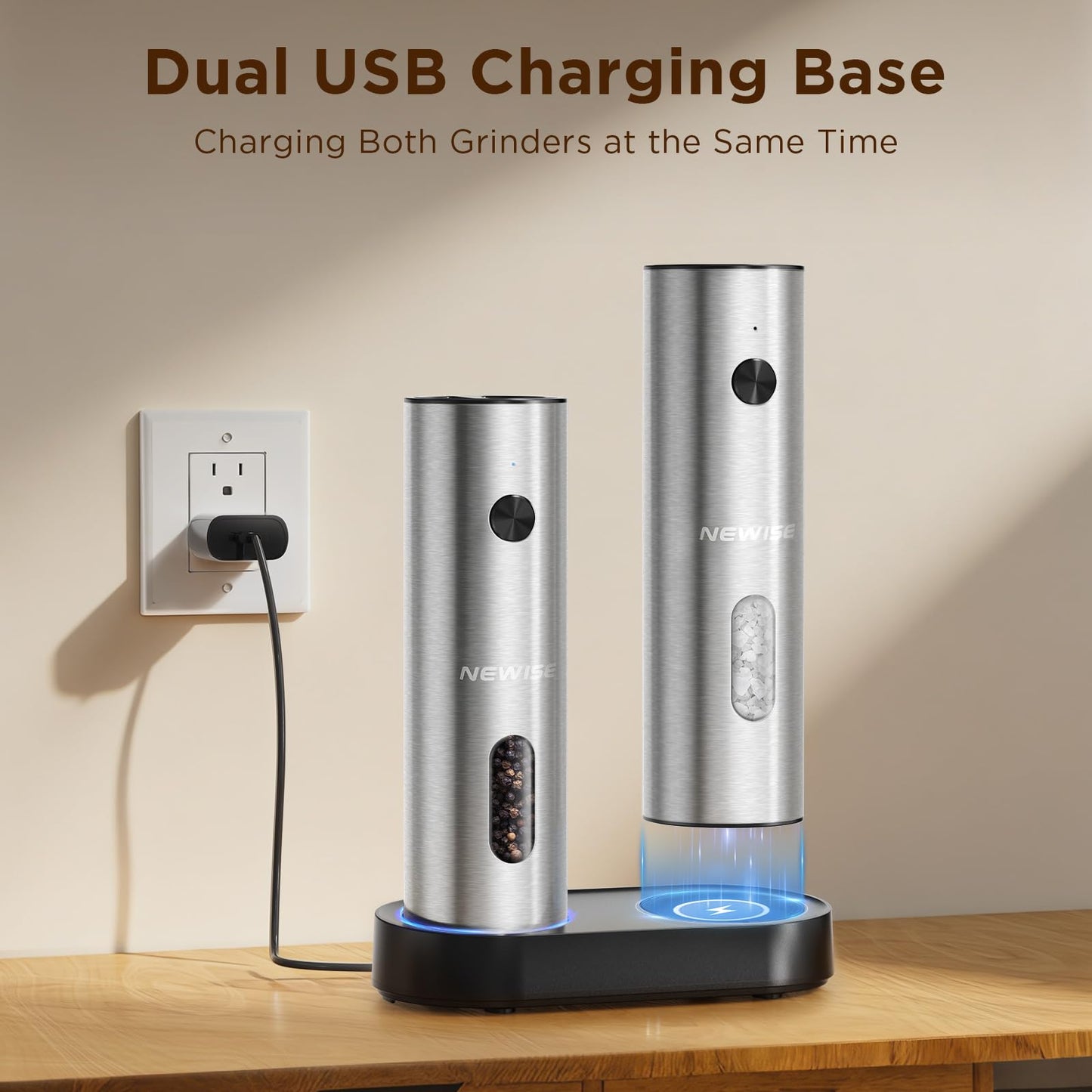 Newise Electric Salt and Pepper Grinder Set - Charging Base, Automatic Rechargeable Pepper Mill with Adjustable Coarseness, LED Lights, Large Capacity, Kitchen Appliance for Mom Wife