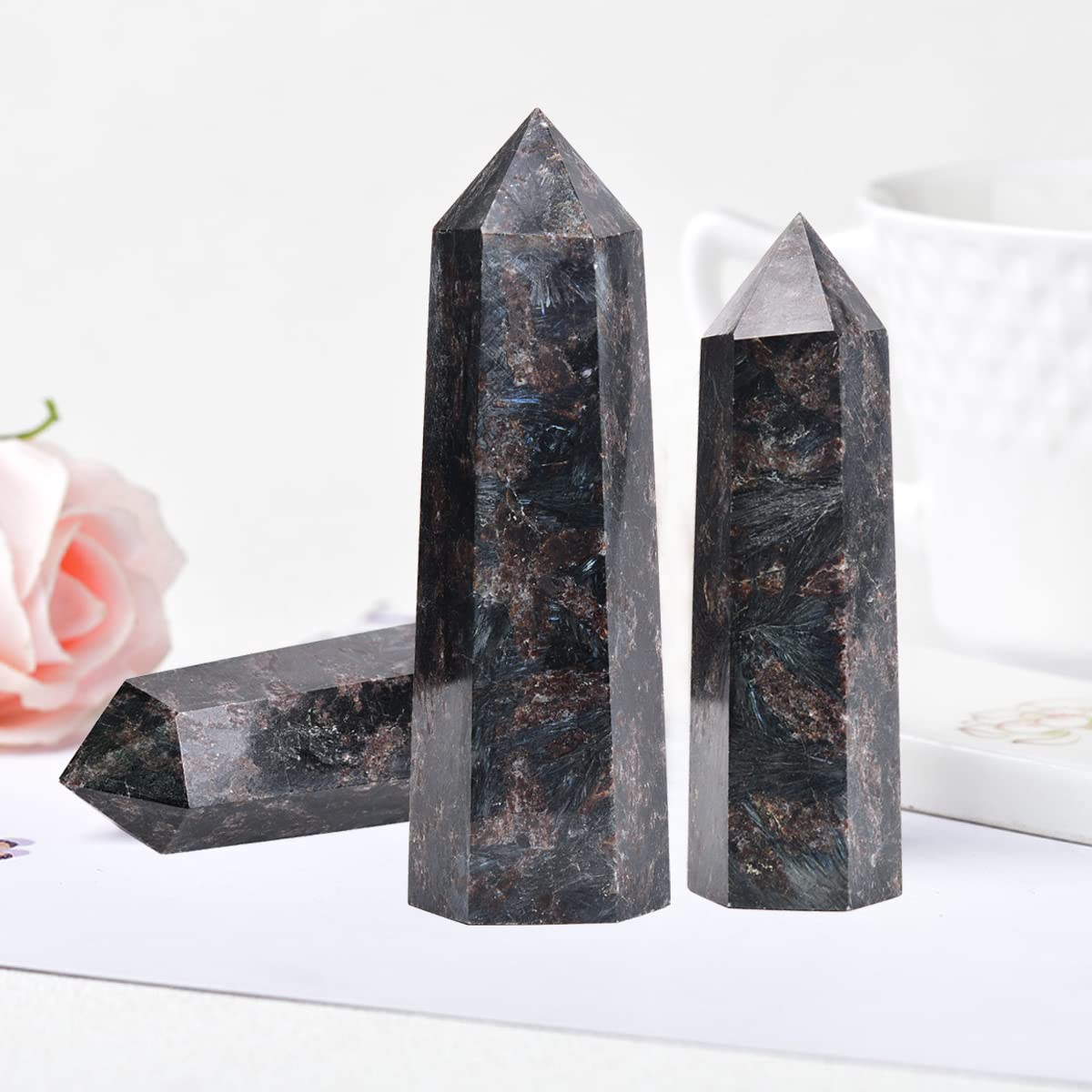 MOGEMT Astrophyllite Obelisk Large Crystal Tower Black Firework Quartz Stone 6 Faceted Single Point Wand Reiki Healing 2.0-2.5 LBS