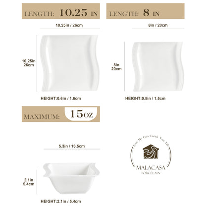 MALACASA Ivory White Dinnerware Set, 12 Pieces - Porcelain Dinner Plates, Dessert Plates and Bowls, Square Flora Pattern