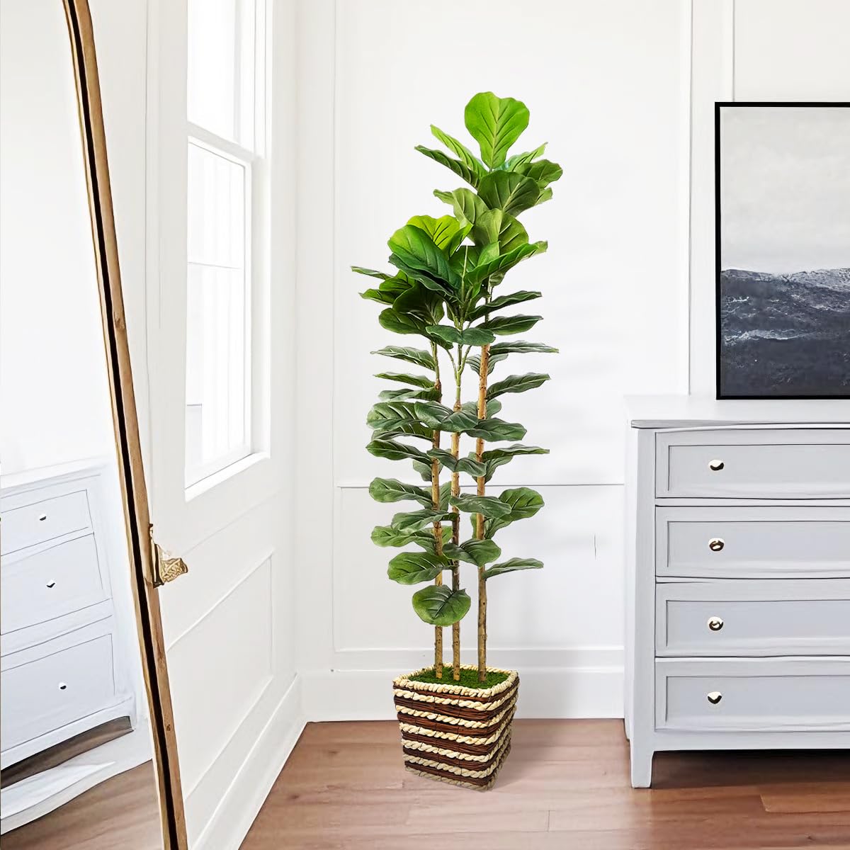 Artificial Fiddle Leaf Fig Tree Indoor with Woven Basket - 5ft Tall Fake Tree with Real-Wood Trunk,Faux Plants for Living Rooms, Offices, Kitchens & Outdoor Spaces (Square Basket)