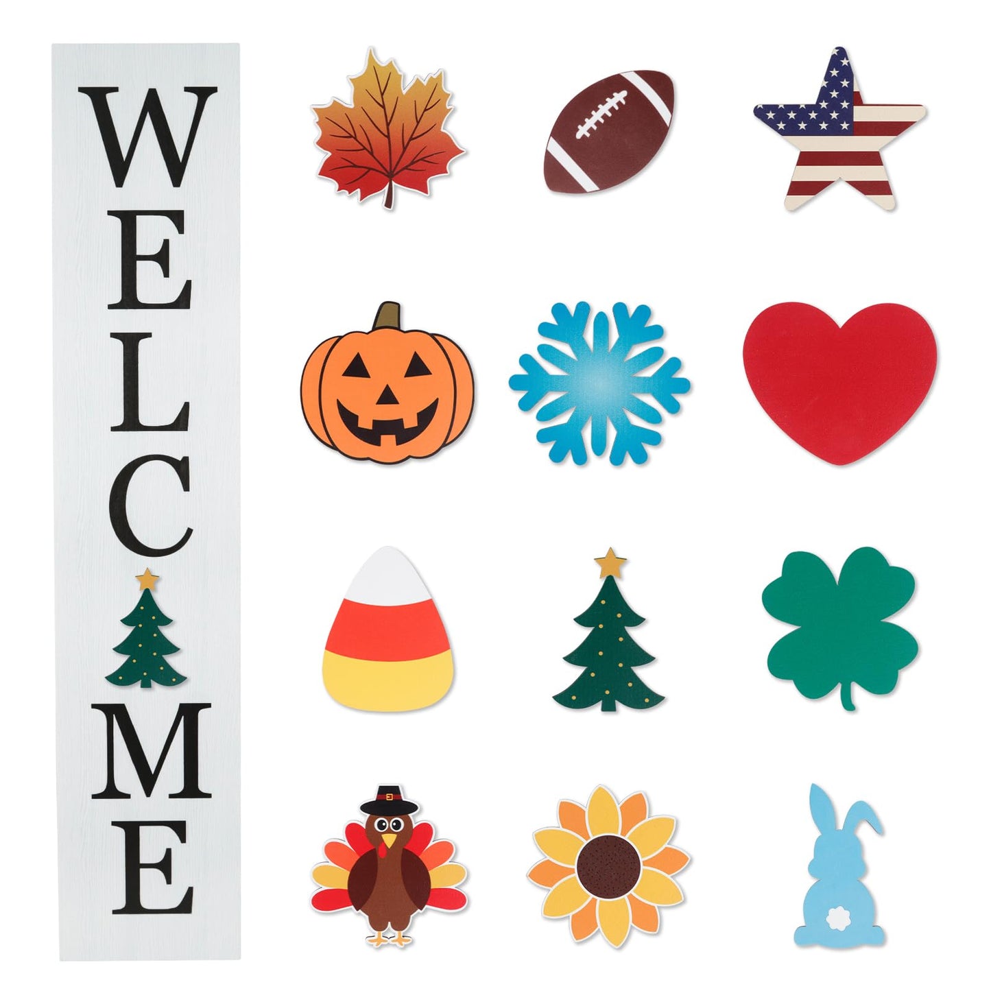 Interchangeable Welcome Sign for Front Porch- 45"X9" Large Standing/Hanging Wooden Sign with 12 PCS Replaceable Icons for 4th of July Fall Halloween Porch Wall Yard Decorations (White)