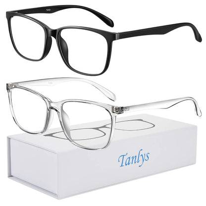 Tanlys 2 Pack Blue Light Blocking Glasses for Computer Eye Strain [Dry Eye & Sour Eye], Anti UV Reduce Headache Lightweight Classic Bluelight Blocker Glasses Men Women (Black Clear)