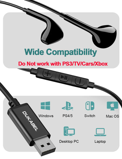 DUKABEL USB Wired Earbuds, USB Headphone with Mic for PC/ PS4/ PS5, 6FT in-Ear Stereo Earphones Headsets with Volume Control for Office Live Broadcast Gaming