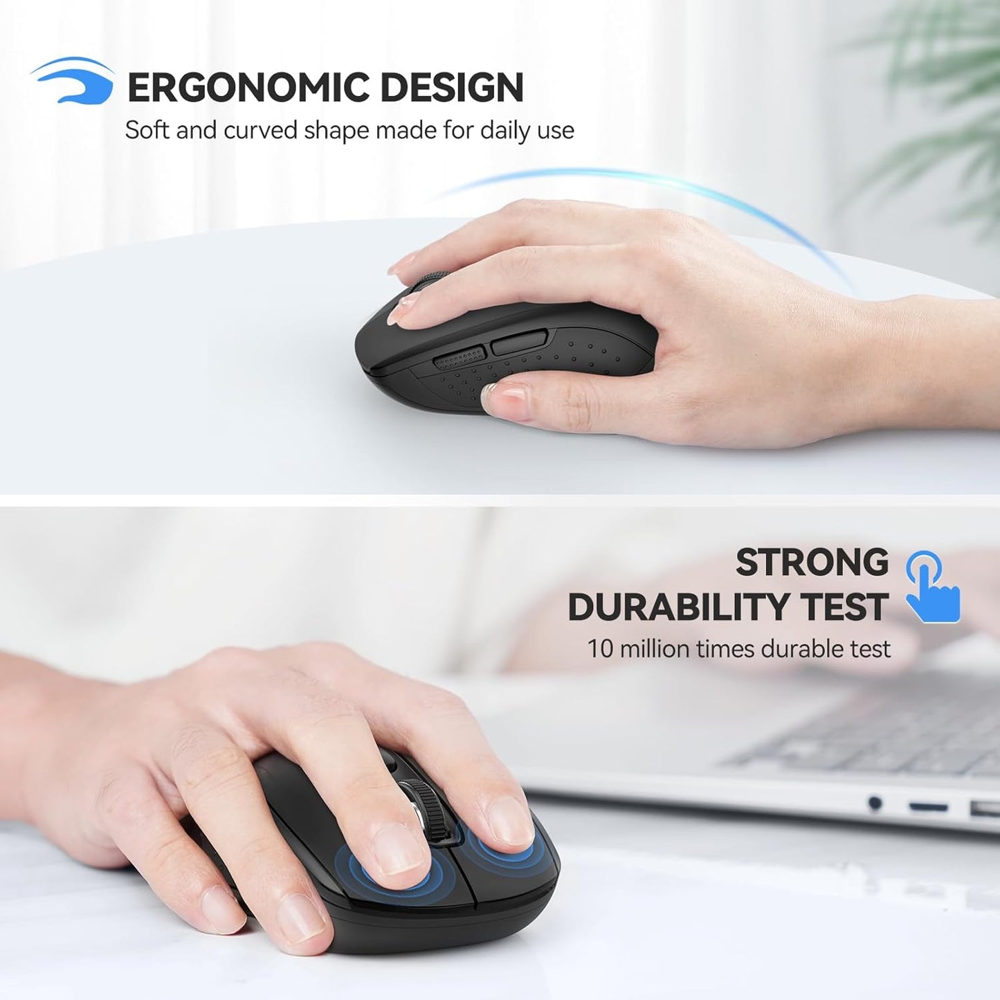 TECKNET Bluetooth Mouse, 2-in-1(BT 5.0/3.0+2.4Ghz) 4000DPI Wireless Mice with USB Connect Available for Laptop Computer, Portable PC Mouse Bluetooth for Mac (USB-A+BT Wireless Connect, Black)