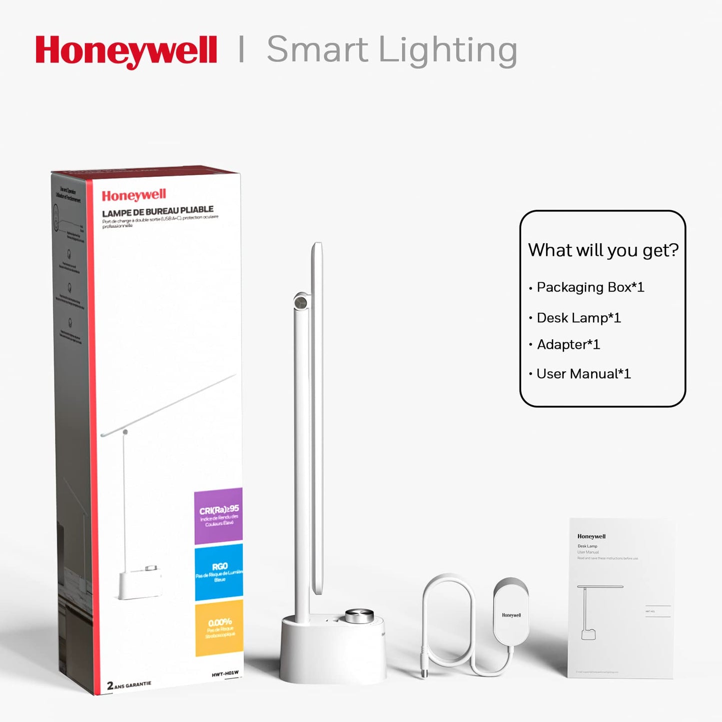 Honeywell LED Desk Lamp with USB Charging Ports - Sunturalux™ HWT-H01 Stepless Dimmable Eye Caring Table Lamp for College Dorm Home Office, Foldable Small Bedside Lamp for Bedroom with Base White