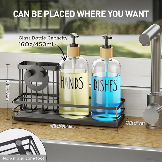 Moforoco Kitchen Dish Soap Dispenser Set, 16OZ Glass Bottle, Hand and Dish Soap