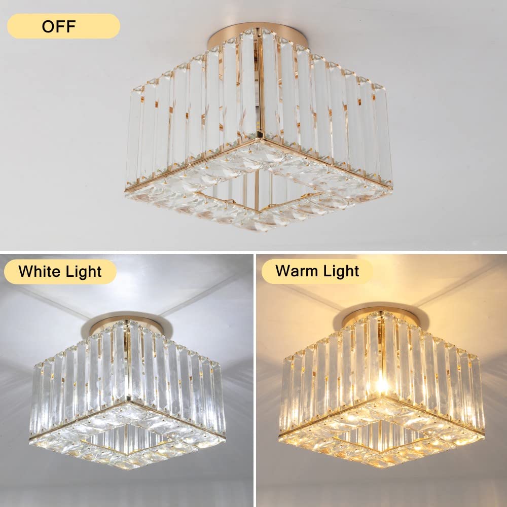 Kadomm Modern Crystal Ceiling Light Fixture, Semi Flush Mount Lighting Glod Finish LED with E26/27 Base for Bedroom, Entryway, Foyer, Hallway, Dining Room
