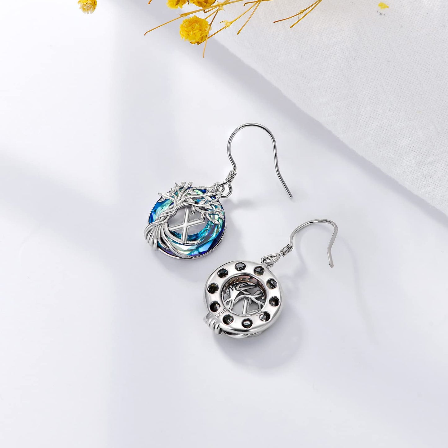 TOUPOP Tree of Life Initial Earrings Sterling Silver Initial W Letter Drop Dangle Earrings Blue Circle Crystal Family Tree Jewelry Birthday Mothers Day Gifts for Women Mom Her