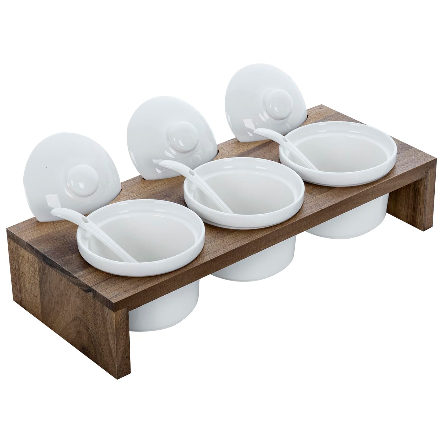 MyGift 10 Pcs Condiment Pot Serving Dish Set, Hosting Essentials, Premium Acacia Solid Wood Raised Display Server Tray and 3 Ceramic Ramekin Dip Bowls with Lids and Spoons