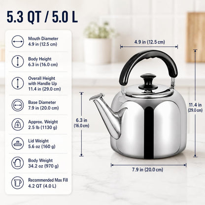 Whistling Stovetop Tea Kettle,Food Grade 316 Stainless Steel,Hot Water Fast to Boil,Stovetop Kettle with Ergonomic Handle,5.3 Quart Capacity