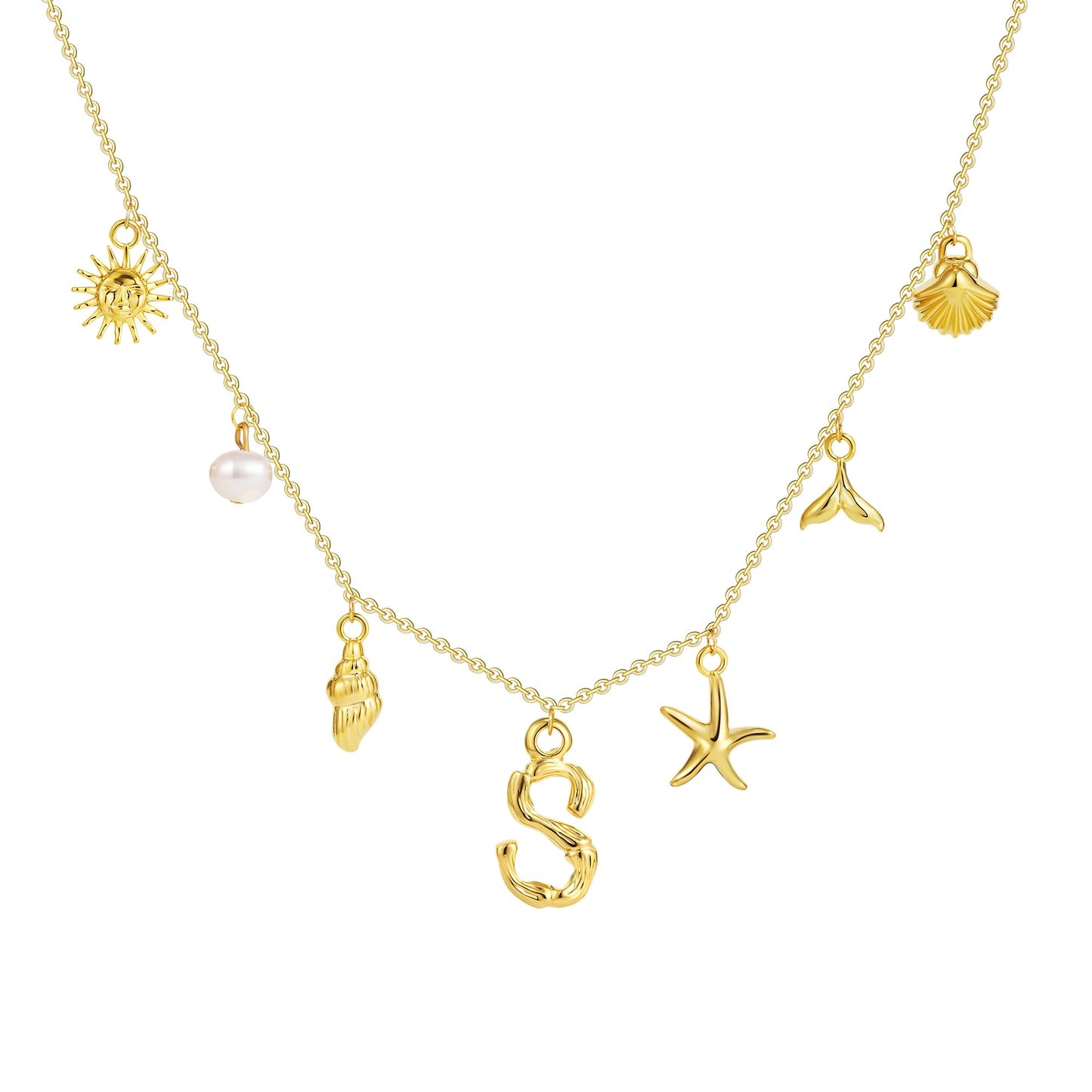 SLOONG Initial Charm Necklace 14K Gold Plated Letter Neckalce Freshwater Pearl Necklace Choker Boho Summer Seashell Beach Starfish Surfer Jewelry Gifts for Women S