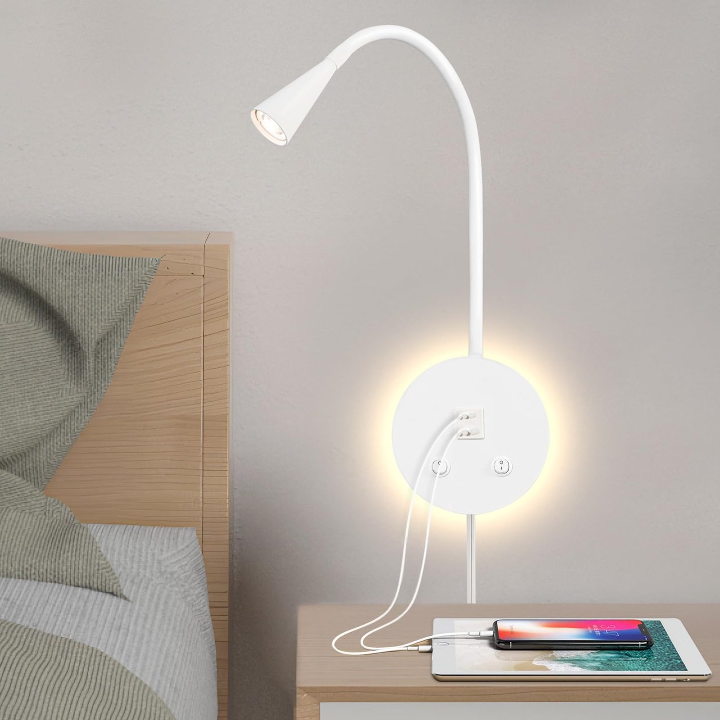 MOLUOLA LIGHTING Dimmable LED Wall Reading Lamp - Adjustable Gooseneck Book Light for Bed, USB + Type C Output, 2-in-1 Night Light & Spotlight, Compact Focused Lamp (White)