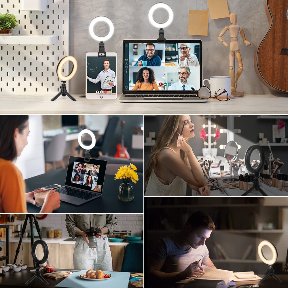 Ring Light with Tripod Stand&Clip Video Calls, Evershop 5" Video Conference Halo Light 3 Light Colors+10 Brightness 360°Rotate Led Ring Light Stand Desk for Makeup PC Zoom Meeting YouTube TiKTok