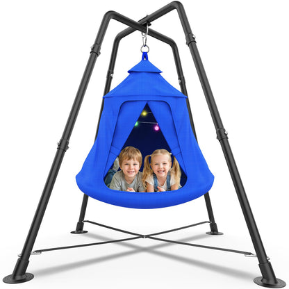Swing Set with Tent Swing, X-Shaped Swing Frame with Sensory Swing, Metal 32mm Diameter Swing Stand with Tent Swing, 330 lbs Capacity, w/Rainbow Lights String, Indoor/Outdoor Use (Blue)