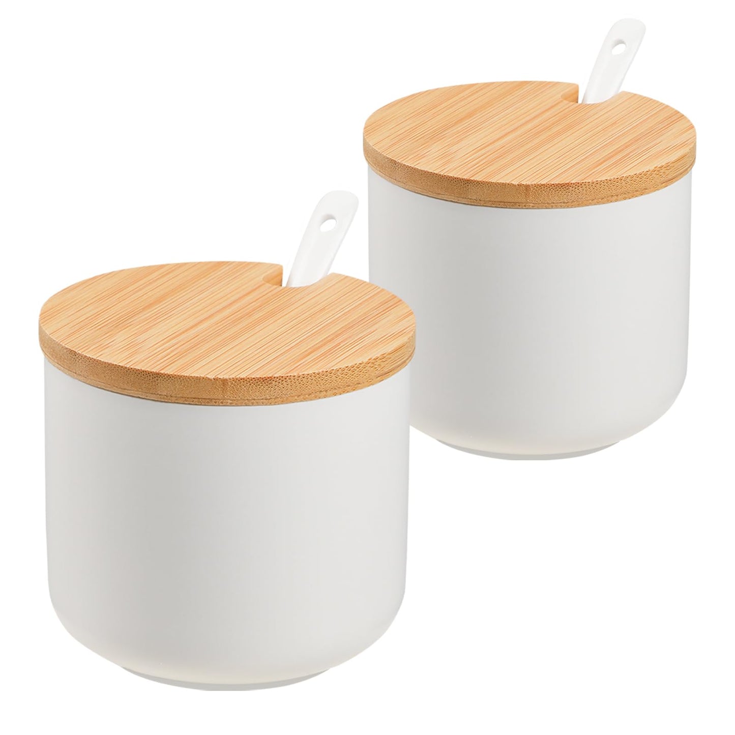 VanEnjoy Set of 2 White Sugar Bowl with Lid 10oz Ceramic Sugar Bowl Salt Cellar with Lid and Spoon Salt Jar for Seasoning Sugar Container with Spoon