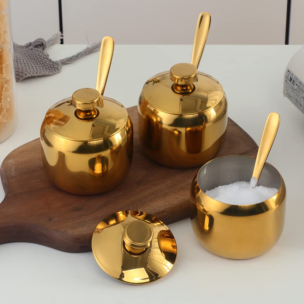 TUPMFG 3-Piece Seasoning Box with Spoon and Lid 304 Stainless Steel Condiment Canisters Pots Seasoning Jars for Spice Salt Sugar-Gold