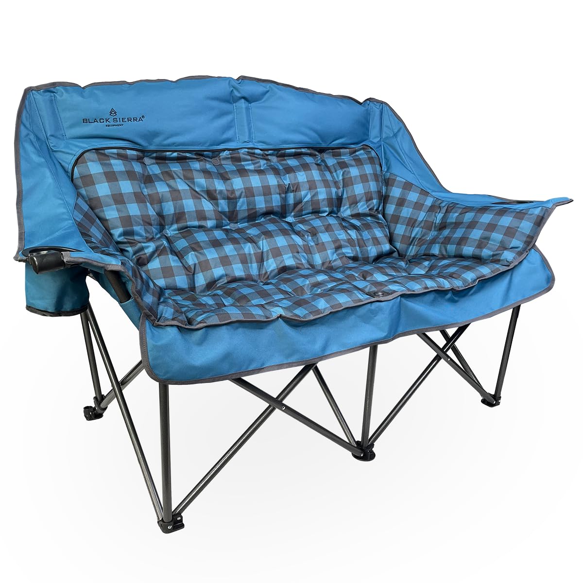Black Sierra Double Loveseat Comfort Camping Couch, Oversized Folding Chair for Adults, 600‑lb Capacity, Plush Padded Heavy Duty Outdoor Seat with Cup Holders & Carry Bag for Beach, RV