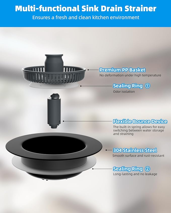 Hibbent 2 Pack 3 in 1 Kitchen Sink Drain Strainer and Stopper Combo, Stainless