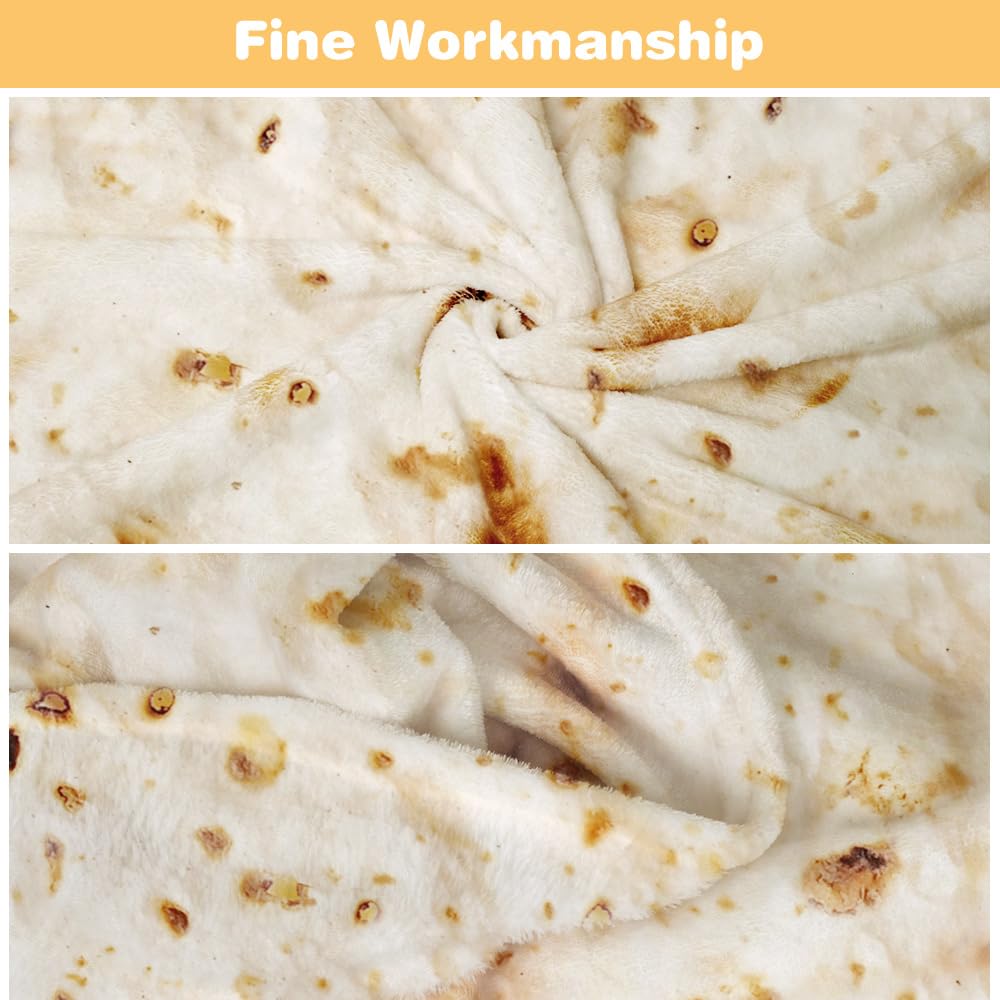 LetsFunny Burrito Tortilla Throw Blanket, 2.0 Double Sided Burritos Taco Tortilla Wrap Blankets,Giant Funny Realistic Flannel Food Round Blankets,Funny Gifts for Kids Teen Newborn Dog Cat Shower 47in