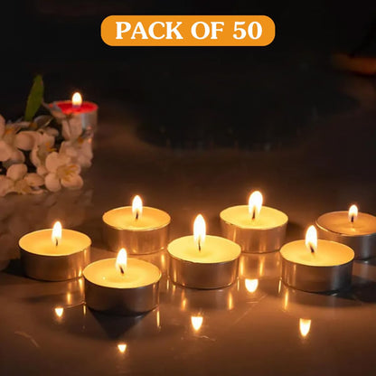 Shubhkart Tejas Premium Ghee T-Light Candle Set of 50 Wax-Free Smokeless Tealights for Prayer Rooms, Meditation, Home, Festive Events, Weddings & Gifting with Bright Long-Lasting 3-Hour Pure Flame