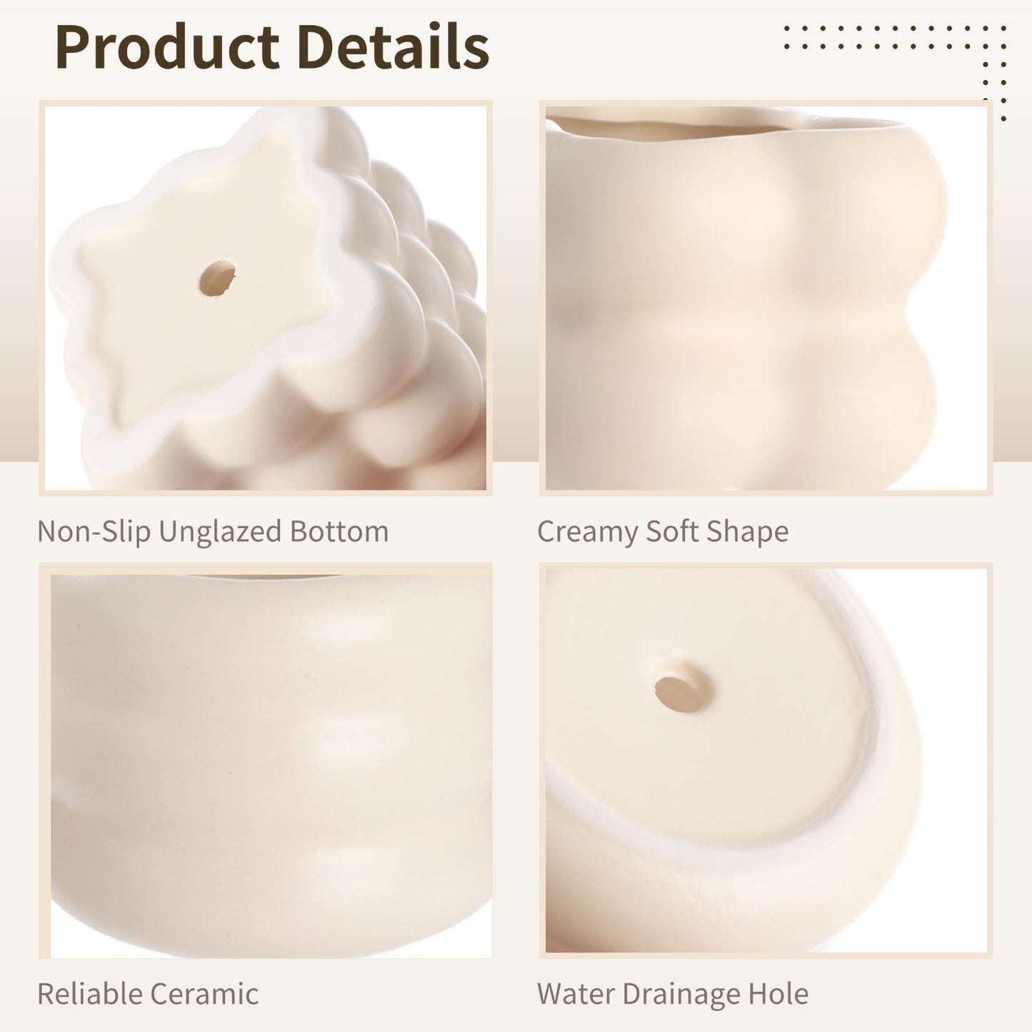 NIMBLOOM 4 PCS Ceramic Succulent Pots, Creamy Soft Shape Decorative Plant Pots Puffy Design Minimalist Sculpted Ceramic Planters with Drainage Hole and Anti-Slip Base for Cozy Home Decor