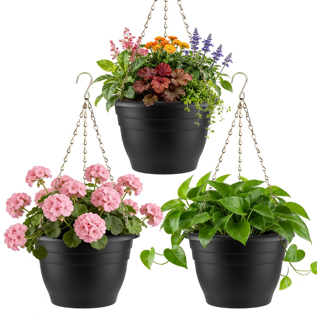 RooTrimmer Hanging Planters 11 Inch, 3 Pcs Flower Pots with Drainage Hole, Self Watering Hanging Basket for Indoor Outdoor Plants, Decor, Black