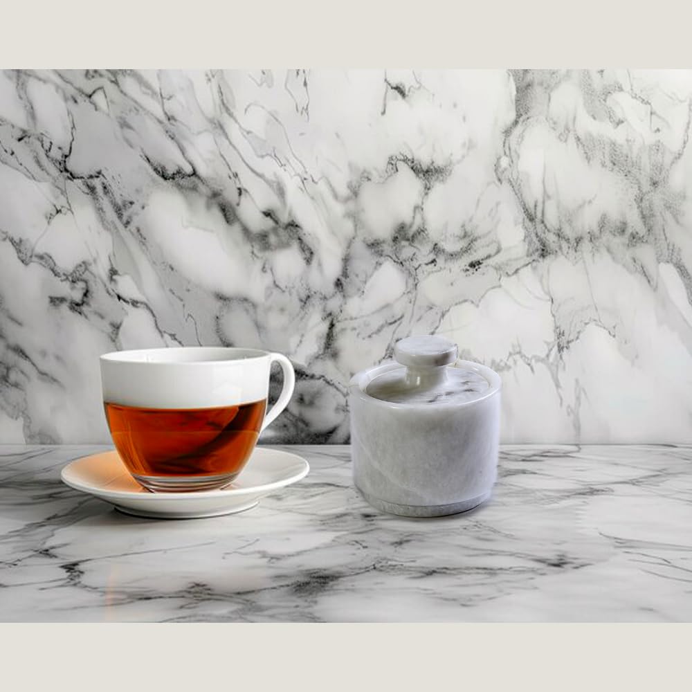 WHAHZZZ White Marble Salt Cellar with Lid| 3.2 Inch Elegant Kitchen Condiment Keeper| Decorative Salt Holder| Salt Cellar Marble| Salt, Sugar, Spices Container,Salt Bowl