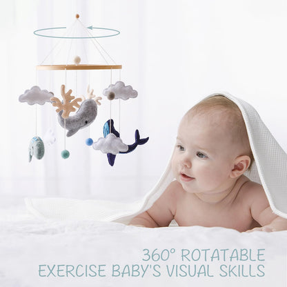 Montessori Baby Mobile for Crib Ocean Animals Crib Mobile Woodland Nursery Decor Soothe Toys for Ceiling Hanging Felt Ball Sea Blue Whale, White Clouds Baby Shower for Boys Girls Gifts