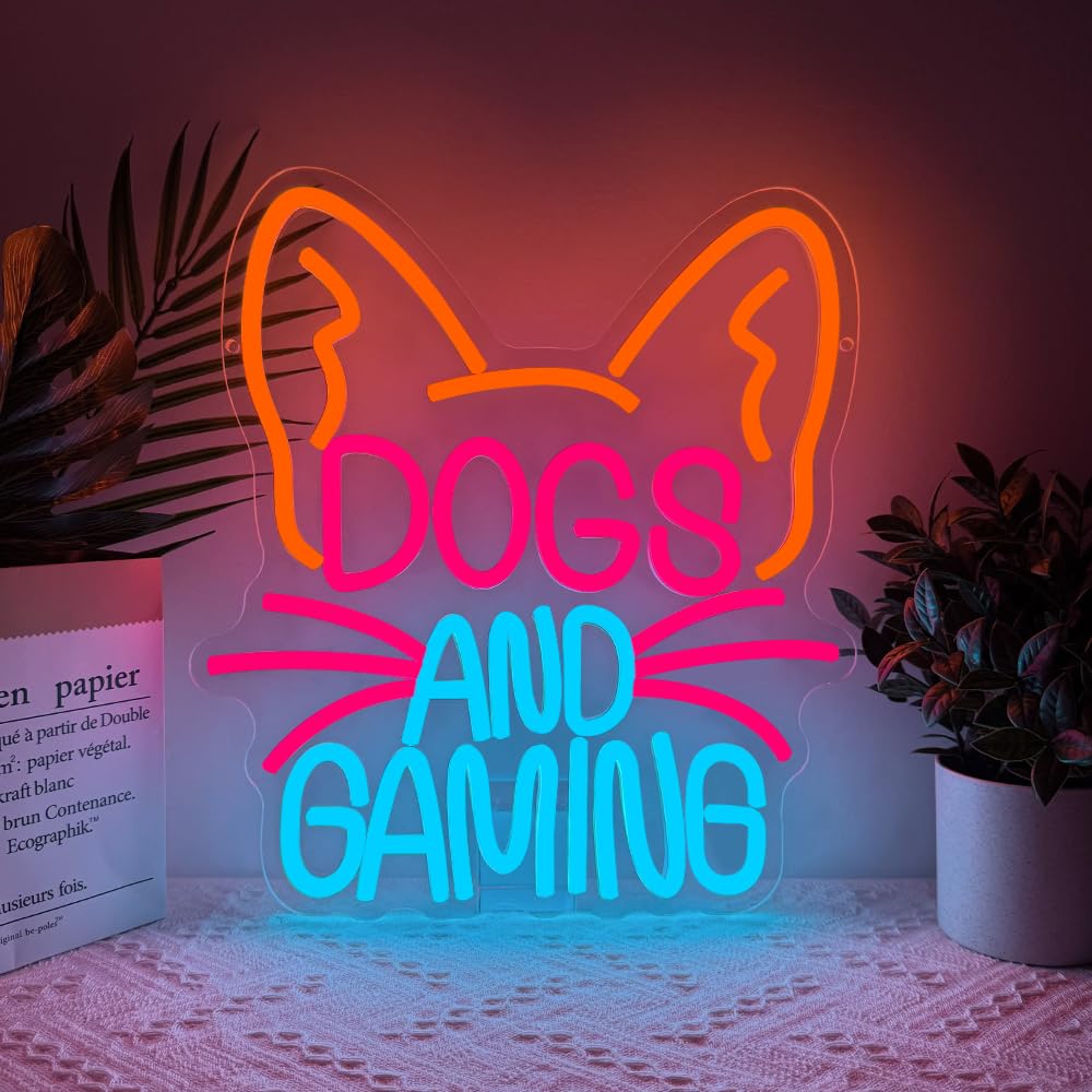 RuCvixkt Dog Gaming Neon Sign for Wall Decor, Game Neon Lights for Bedroom Man Cave Game Room Home Party Decor, Gift for Boy Women Party Birthday Christmas