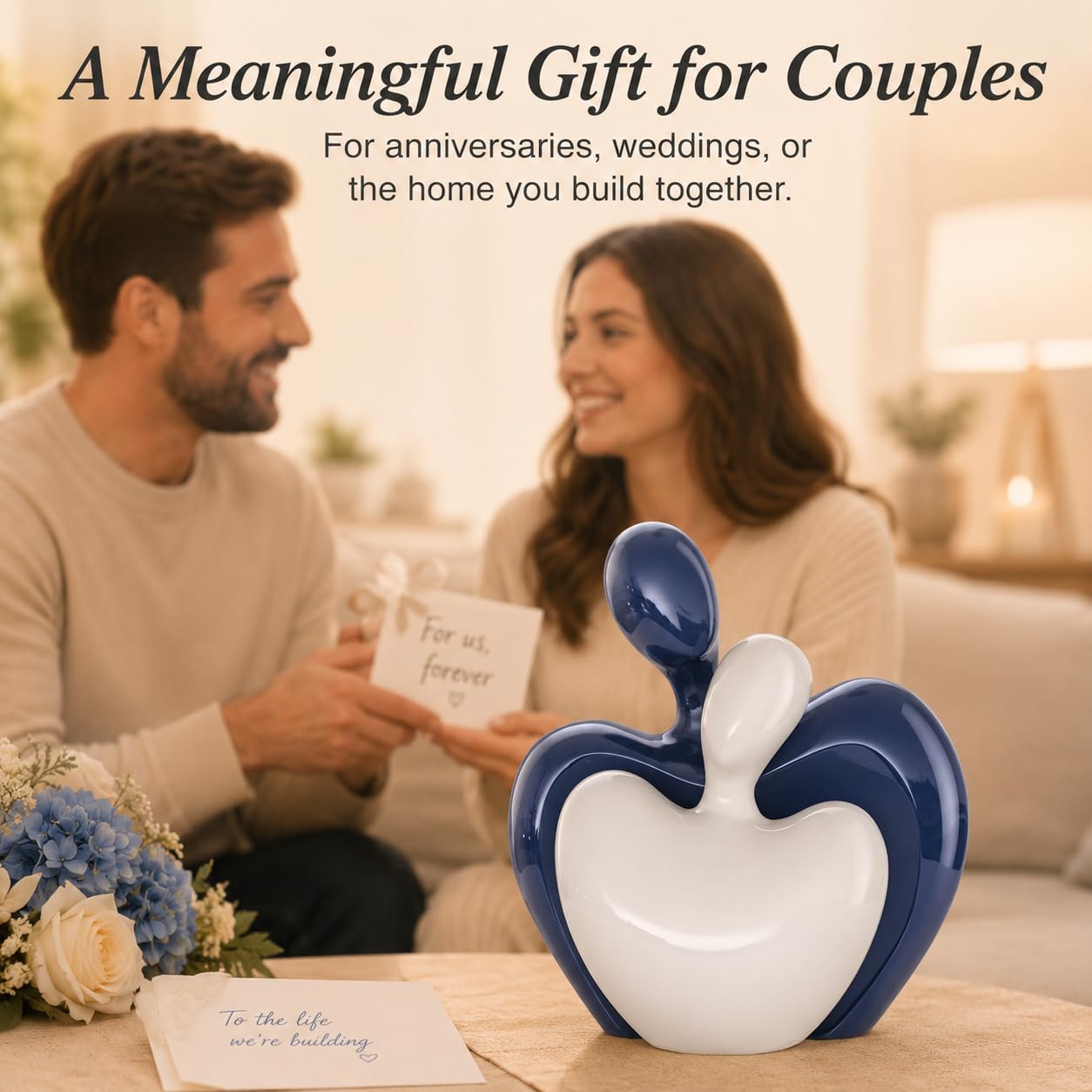 XMGZQ Blue White Mini Hugging Couple Statue Ceramic Lover Figurine Home Decor is a Romantic Gift for Her on Wedding Anniversary and Valentines, TV Stand Decoration Knick Knacks for Shelves (Blue)