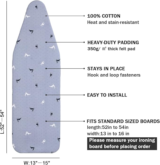 Ironing Board Cover and Pad Standard Size 15 x 54, 3 Pairs of Hook and Loop