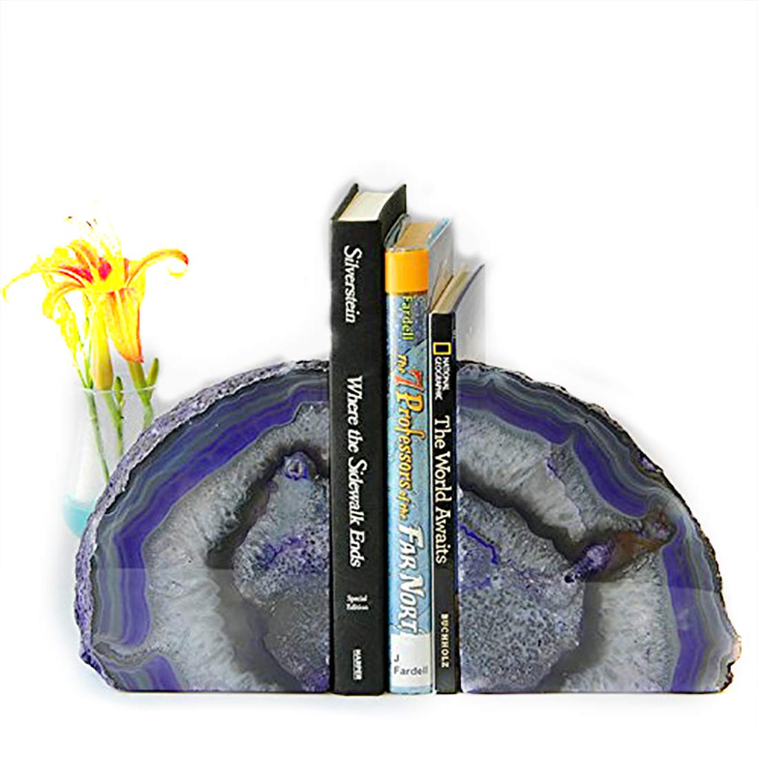 JIC Gem Dyed Purple Natural Agate Bookends Polished Stone Book Ends Crystal Geode Bookends for Shelves to Hold Books with Rubber Bumpers(1 Pair, 3-4 LBS)