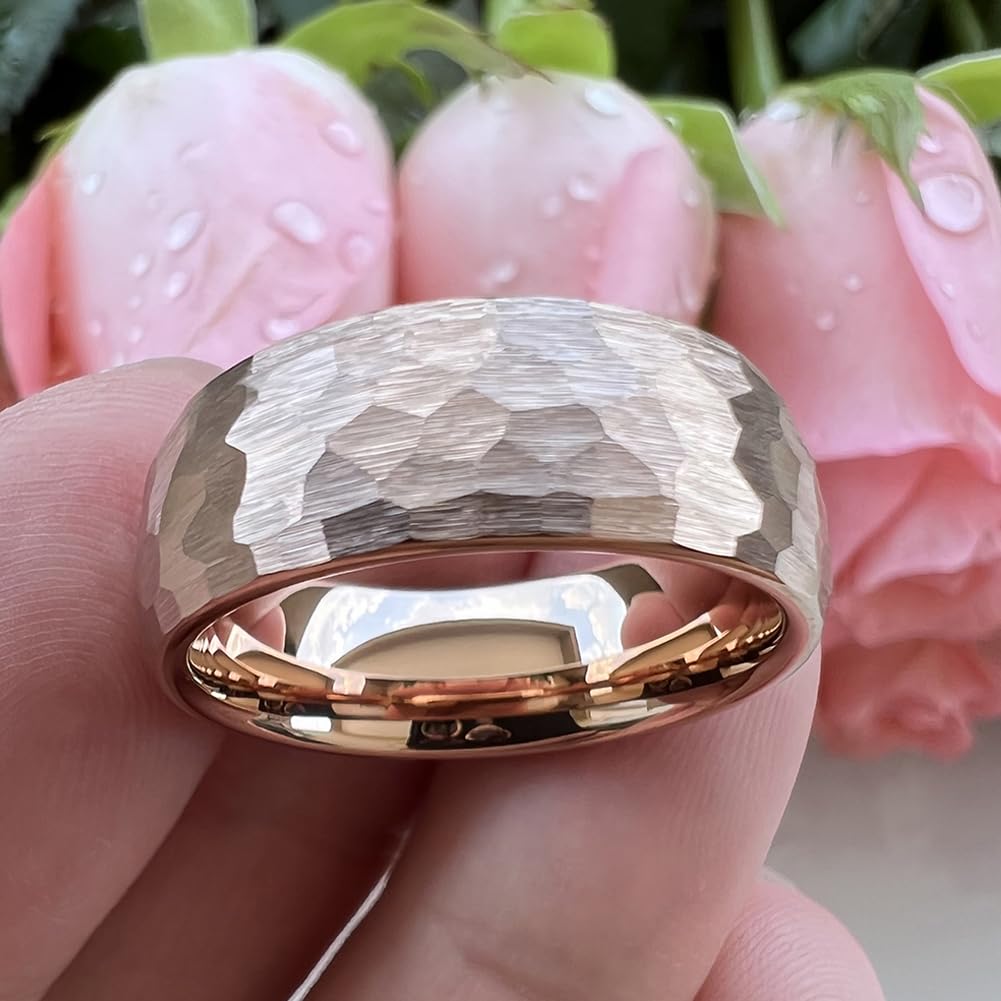 TUTISS 8mm Rose Gold Hammered Tungsten Rings for Men Women Engagement Wedding Bands Domed Matte Finish Comfort Fit Size 7