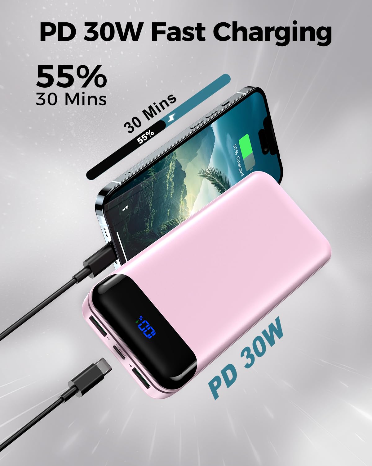 Portable Charger Power Bank 40000mAh Powerbank PD 30W and QC 4.0 Fast Charging External Battery Pack with USB-C LED 3 Outputs & 2 Inputs Portable Charging for iPhone 15 14 13 pro, Samsung