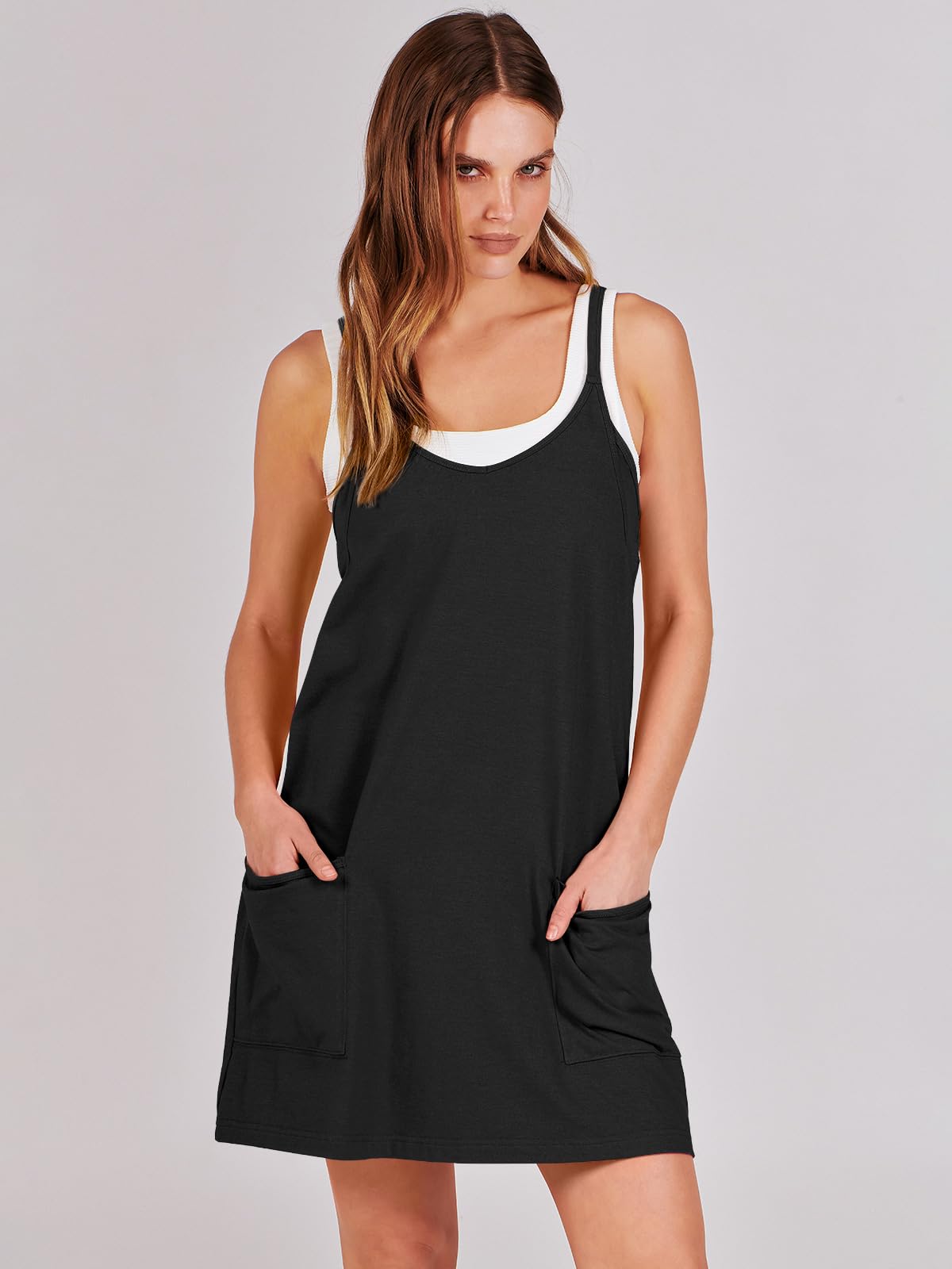 ANRABESS Women Athletic Dress Summer Tennis Workout Active Sports Mini Romper Dress Built in Shorts Travel Vacation Clothes Black Medium