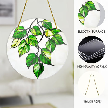 CDSASHCA Green Plants Shatterproof Acrylic Wall Art 6x6 Inch Nature Theme Decor for Living Room, Bathroom, Office Waterproof Stained Glass Panel with Leaf Patterns Easy Install Gift Idea