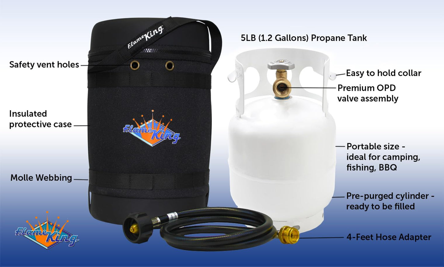 Flame King Gas Hauler Kit - Insulated Protective Carry Case, 5LB Propane Tank and Adapter Hose for Camping and Outdoor Adventures, Black/White
