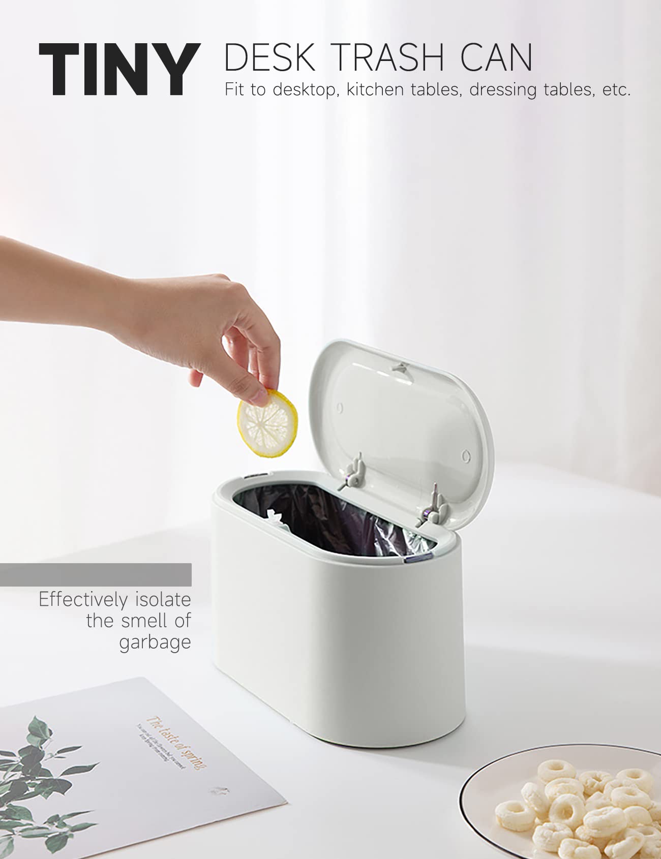 MONGTINGLU Mini Trash Can with Lid Removable Small Garbage Can, Tiny Plastic Trash Bin, Pop Up Countertop Wastebasket, Counter Garbage Lint Bin for Bathroom,Office,Kitchen,Desk(White)
