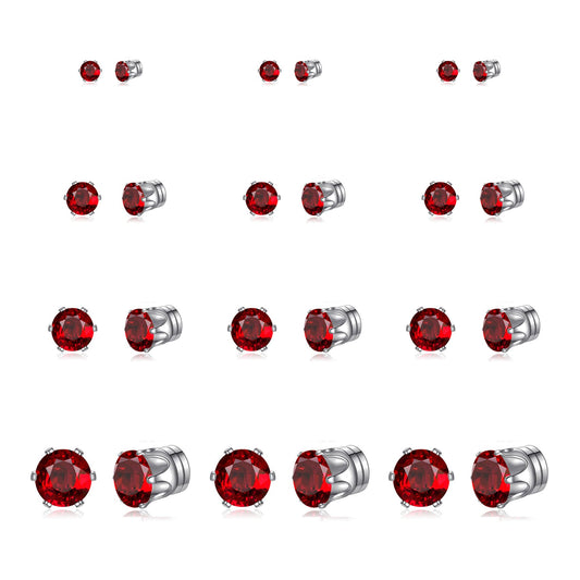 Spiritlele 12 Pairs Red Small Big Cubic Zirconia Magnetic Earrings Clip on Non Piercing Earrings Set Unisex 4MM-7MM