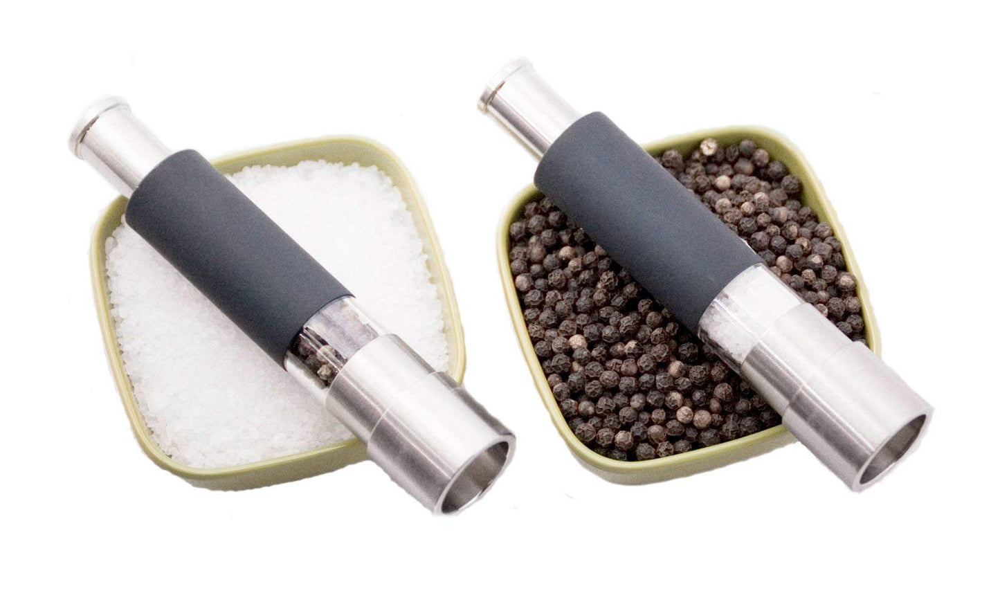 Grind Gourmet Salt and Pepper Grinder Set, Refillable, Pump & Grind, Thumb Press (Reflex Black Set)