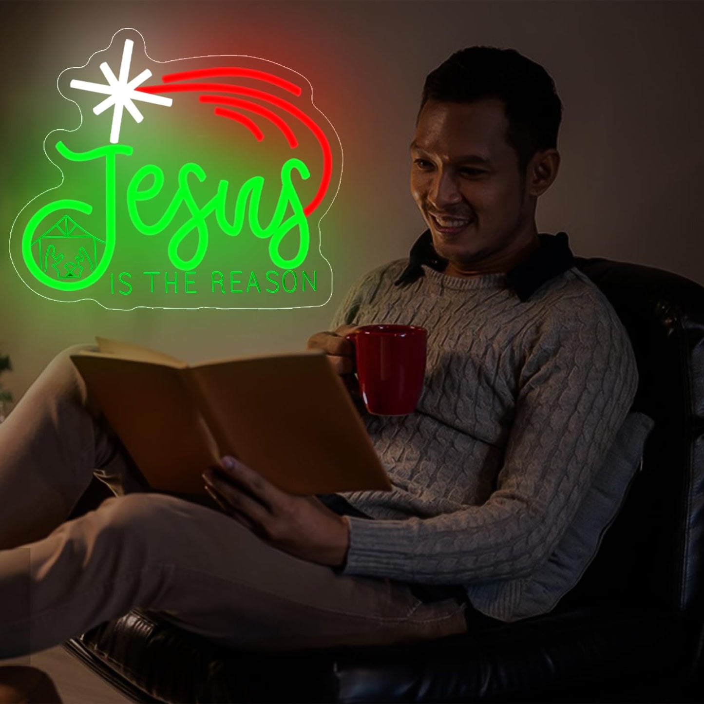Christmas Neon Sign Jesus Is The Reason Neon Sign Dimmable Wall Decor Jesus neon sign Christmas Led Sign christmas Neon Light Up Sign for Bedroom Living Room Home Party Gifts