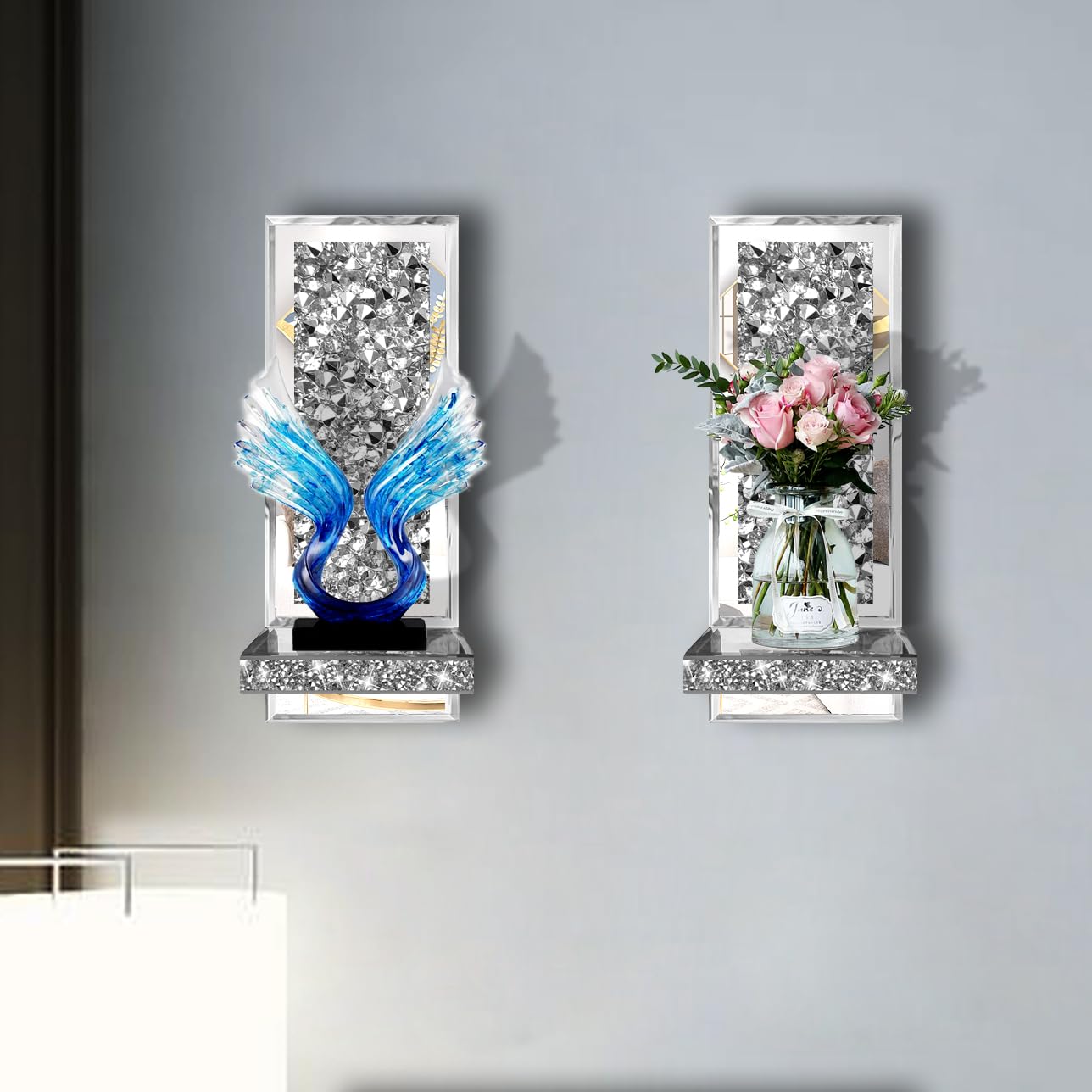 ZOLAPI Set of 2 Crystal Crush Diamond Candle Sconces, Gorgeous Silver Mirrored Wall Sconce, Candle Holder Glass Wall Decorations for Home Décor, Living Room, Dining Room. 1A