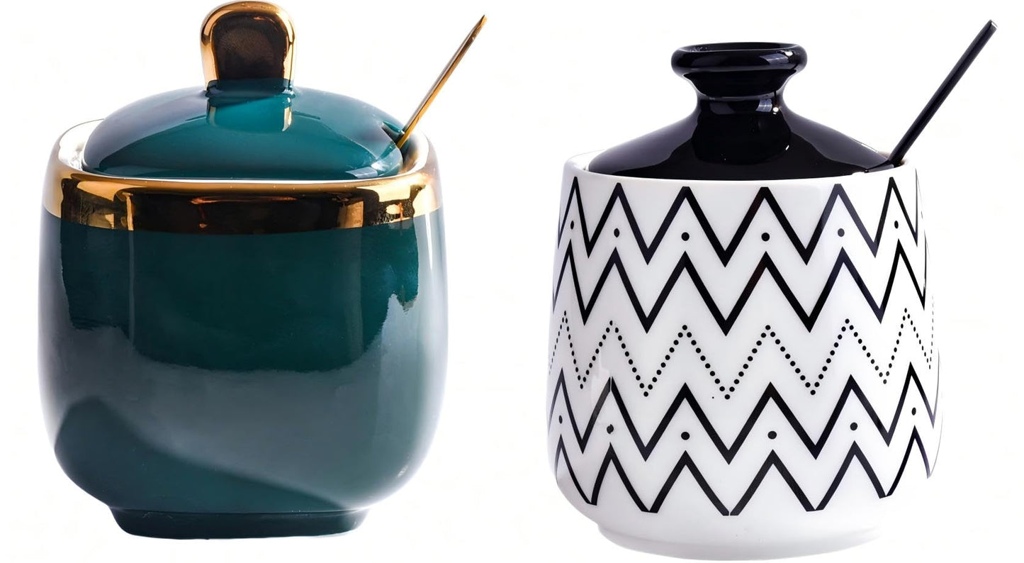 Cerficer 2-Piece Ceramic Condiment Jar Set with Lids and Metal Spoons, Luxury Golden Trim Dark Green and Black Sugar Bowls, Small Porcelain Spice Storage Pots for Coffee Bar, Salt, Honey, Tea