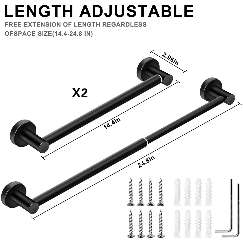 MGahyi Towel Racks for Bathroom-Adjustable Towel Holder(13.18inch-24inch) Sturdy and Rustproof Towel Bar Wall Mounted, Single Towel Bar Rod for Bathroom Accessories(2Pcs,Black)
