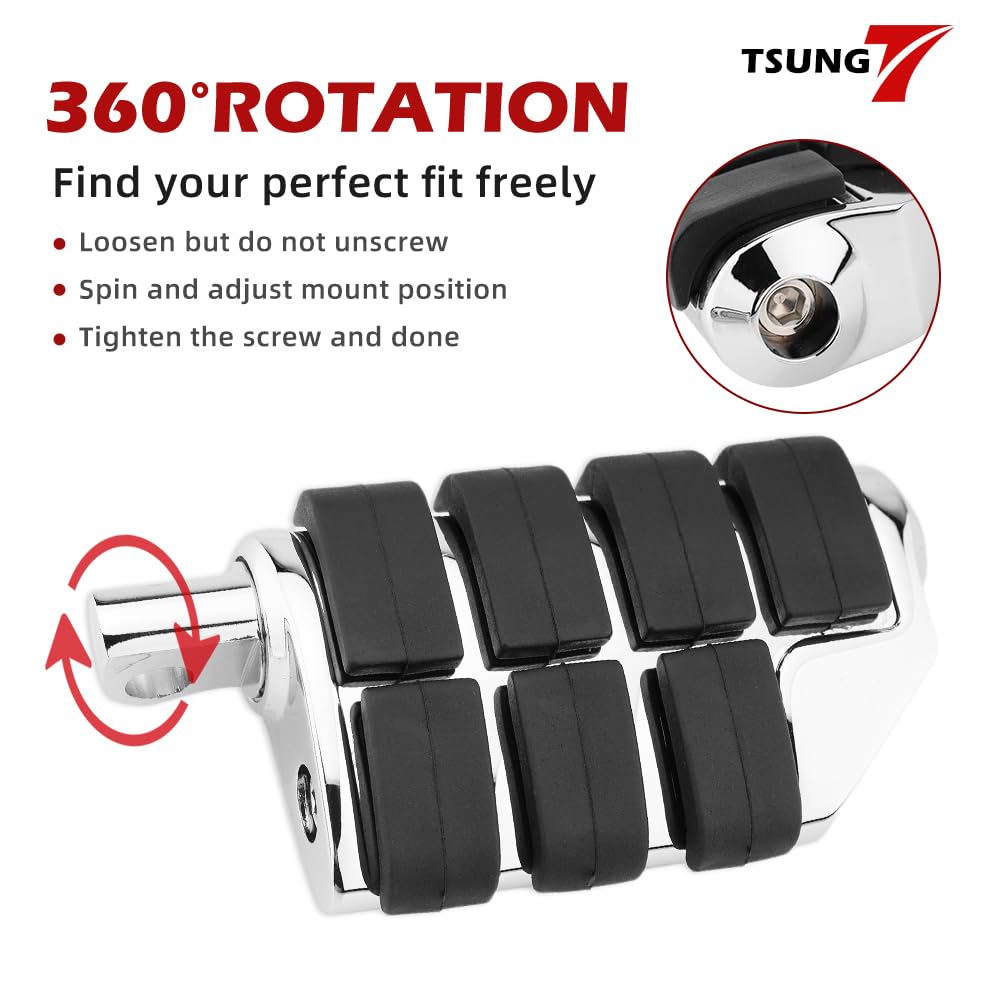 TSUNG Motorcycle Foot Pegs – Male Mount Rider/Passenger Footrests, Wide Higway Foot Rest Pedal Fit for Most V-Twin, Cruiser & Touring Motorcycles (Chrome)