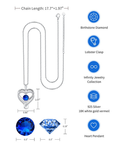 Jewelry for Women Wife Infinity Heart Birthstone I Love You Necklace S925 Anniversary Women Necklaces for Her Wife Birthday Gift Ideas, Birthday Present for Girlfriend Mom Daughter Sterling Silver